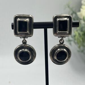 MEXICO Stamped Sterling Vintage 925 Silver Dangle Inlay Black Onyx Clip
Earrings